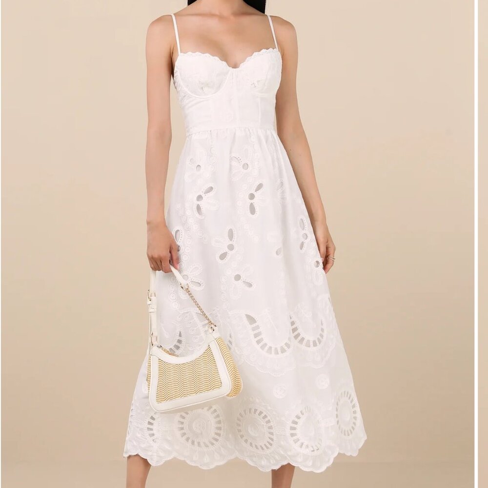 NWT Lulus Jenora White Embroidered Bustier Midi Dress
